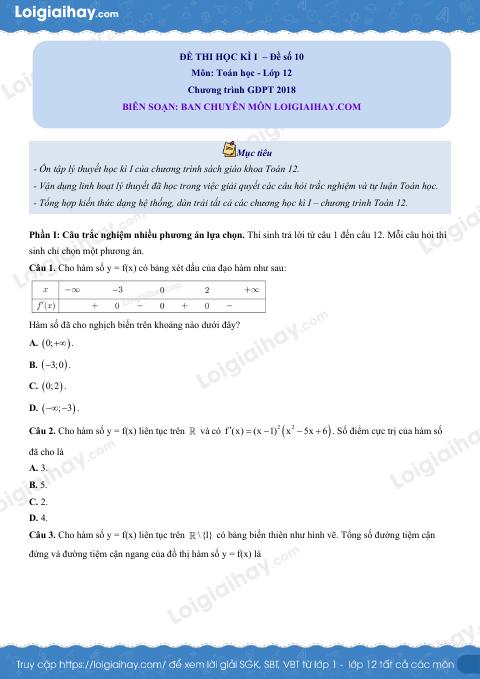 Đề thi học kì 1 Toán 12 - Đề số 10